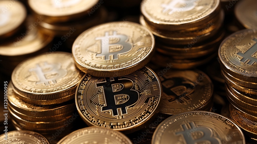 Stacks of gold coins with a bitcoin symbol on them. Stacks of gold coins with a bitcoin symbol on them.