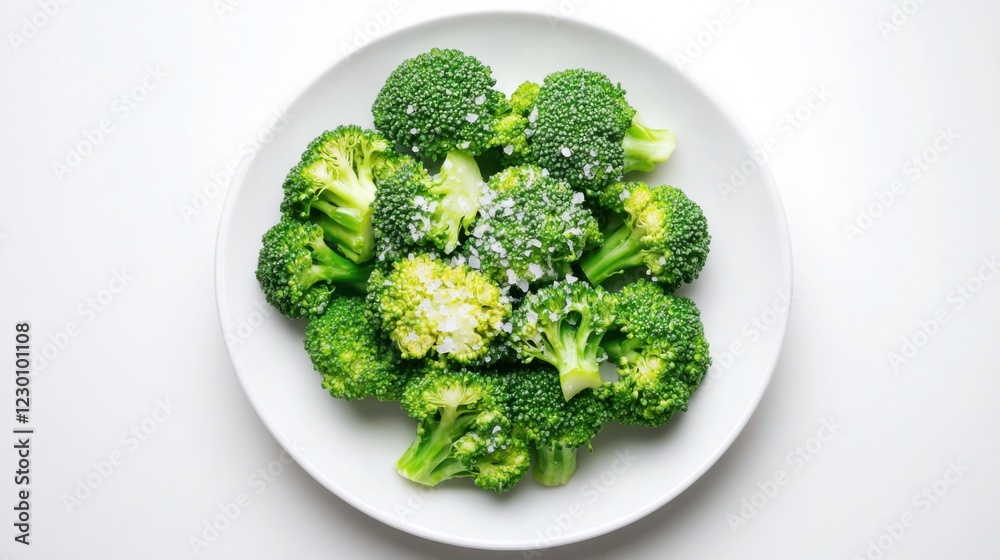 A minimalist plate of steamed broccoli florets, lightly sprinkled with sea salt, neatly arranged on a plain white ceramic plate A minimalist plate of steamed broccoli florets, lightly sprinkled with sea salt, neatly arranged on a plain white ceramic plate