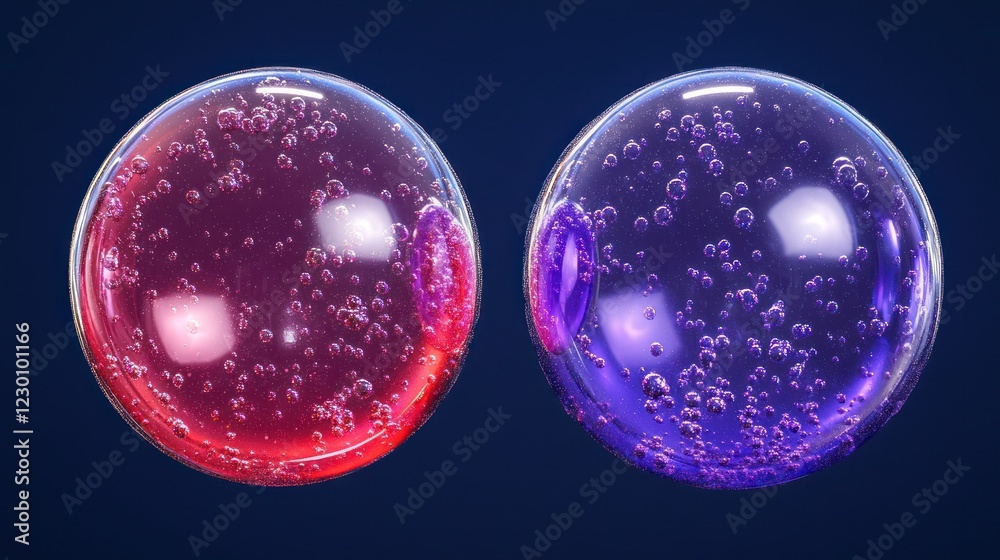 Obraz premium Two vibrant spheres, liquid inside, dark background; science, design