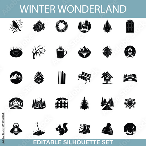 Winter Wonderland Editable Silhouette Icons of Nature and Holiday