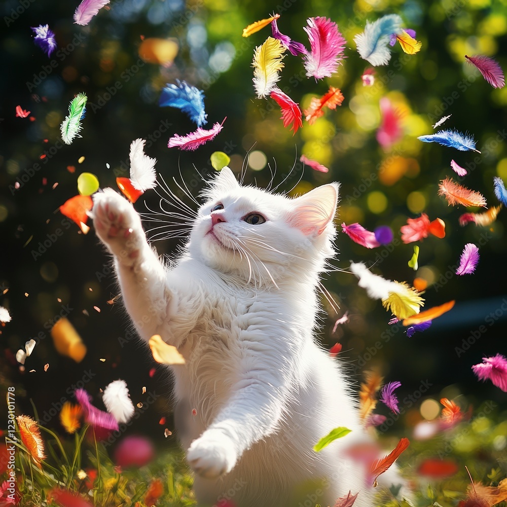 Fototapeta premium Playful White Cat Enjoys Colorful Feathers in Sunny Garden Setting