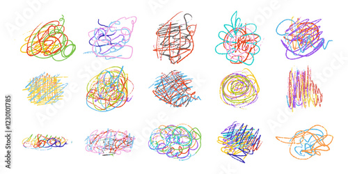 Childish scribble style set, messy line, colorful were drawn by children, drawing with chalk, wax, crayon, colored pencil, charcoal, rough sketch, wavy line, straight with texture and random, freehand