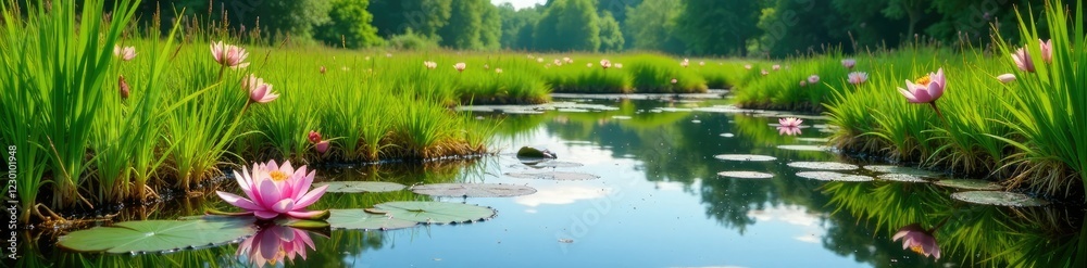 Fototapeta premium Marshy landscape with wild rice and water lilies, vegetation, marsh, wild rice