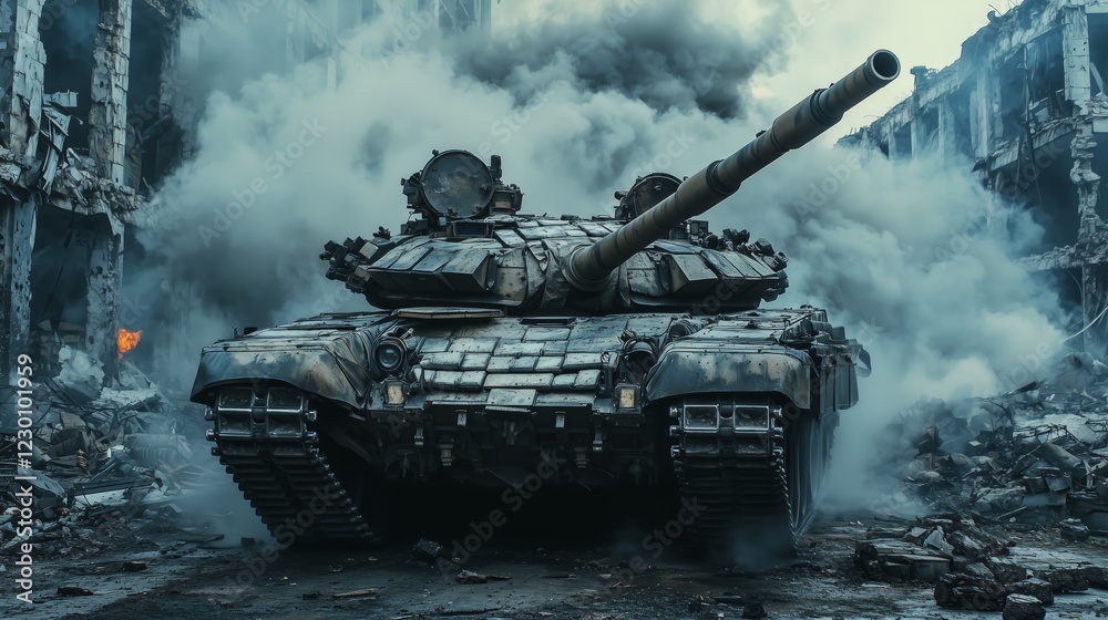 Urban Ruins Displaying Tank Damage and Dramatic Atmosphere