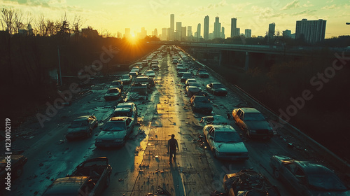 Obraz na płótnie Lone figure walking amidst abandoned cars on urban highway at sunset with dramatic city skyline in the background w salonie