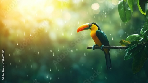 Tropical Toucan in Lush Forest, colorful bird on branch, symbol of wildlife diversity, vibrant ecosystem, exotic nature scene photo