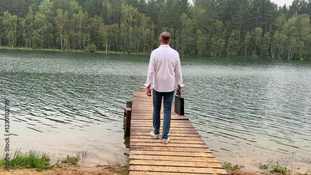 Businessman walks by a serene lake with a briefcase on a cloudy day Businessman walks by a serene lake with a briefcase on a cloudy day