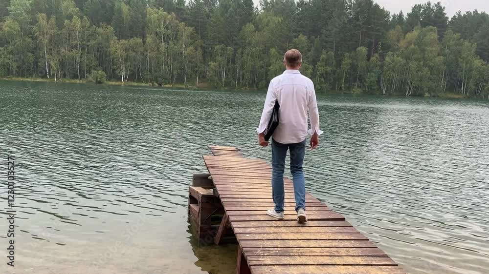 A man in casual attire strolls along a wooden dock beside a tranquil lake surrounded by trees. A man in casual attire strolls along a wooden dock beside a tranquil lake surrounded by trees.