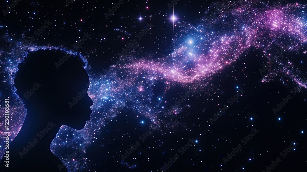 Double exposure artwork of a thoughtful man fading into the vastness of space, merging with luminous galaxies Double exposure artwork of a thoughtful man fading into the vastness of space, merging with luminous galaxies