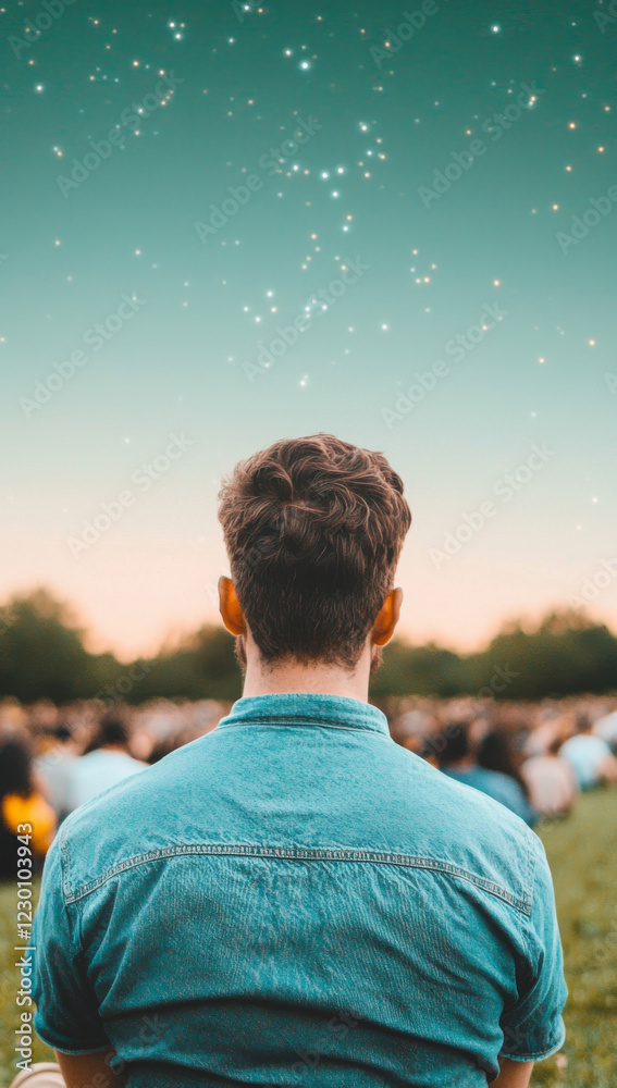 person sitting in crowd, gazing at starry sky during sunset person sitting in crowd, gazing at starry sky during sunset