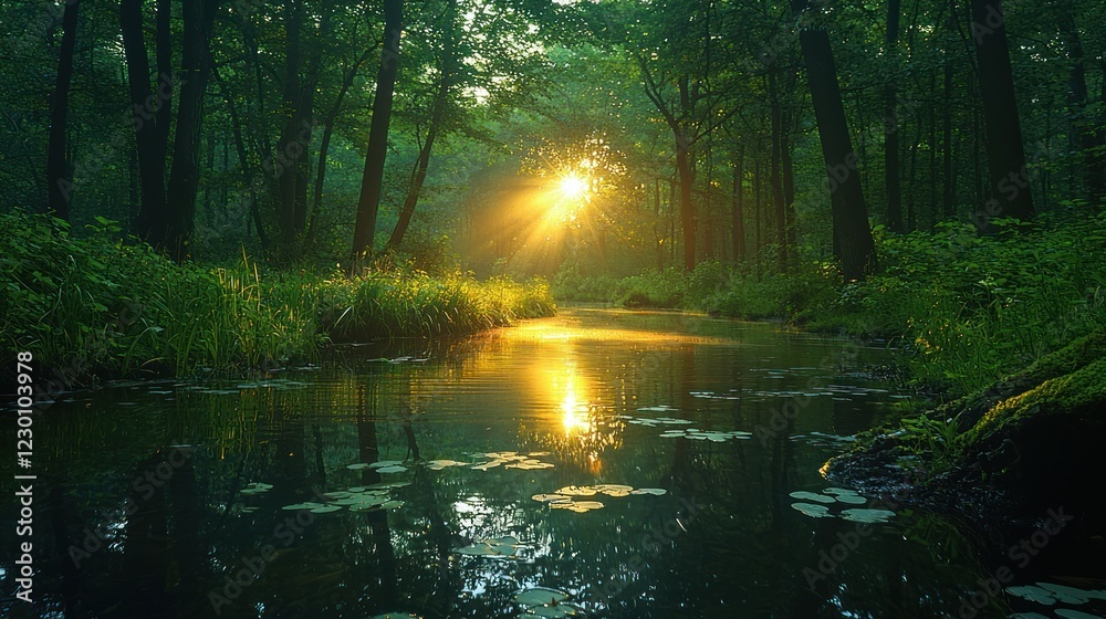 Serene Sunset Illuminates Forest Stream And Lily Pads Serene Sunset Illuminates Forest Stream And Lily Pads