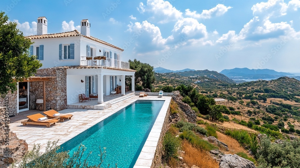 A luxurious villa with an outdoor pool and breathtaking views of the surrounding countryside. A luxurious villa with an outdoor pool and breathtaking views of the surrounding countryside.