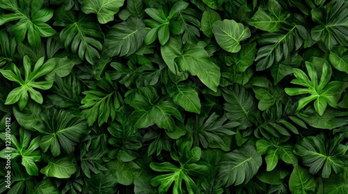Lush Tropical Leaves Texture: A rich tapestry of vibrant green tropical leaves, creating a dense and luxurious natural background perfect for design projects. 