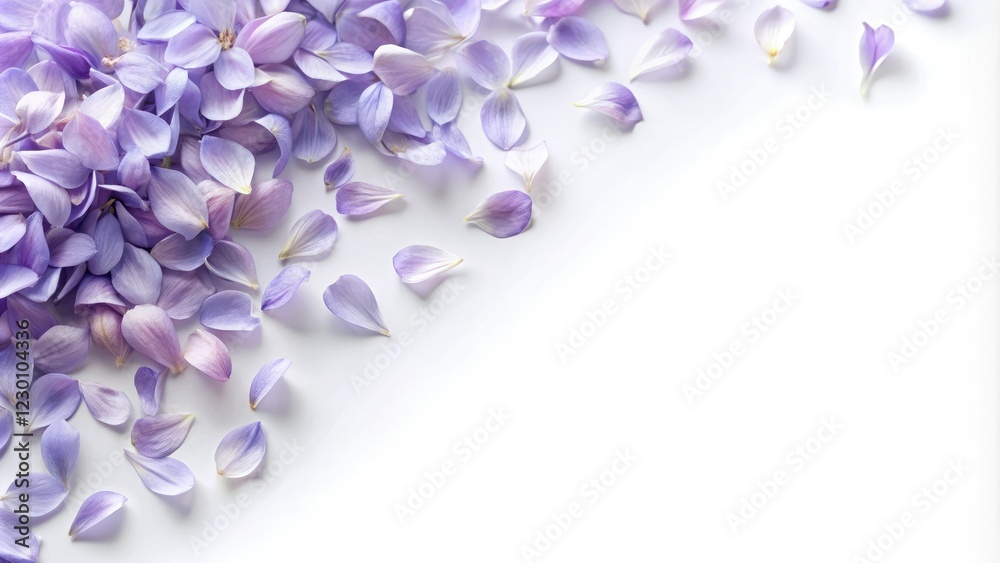 Fototapeta premium Soft lavender petals scattered on a white background, spring bouquet, garden scene, pastel colors, serene landscape, gentle hues