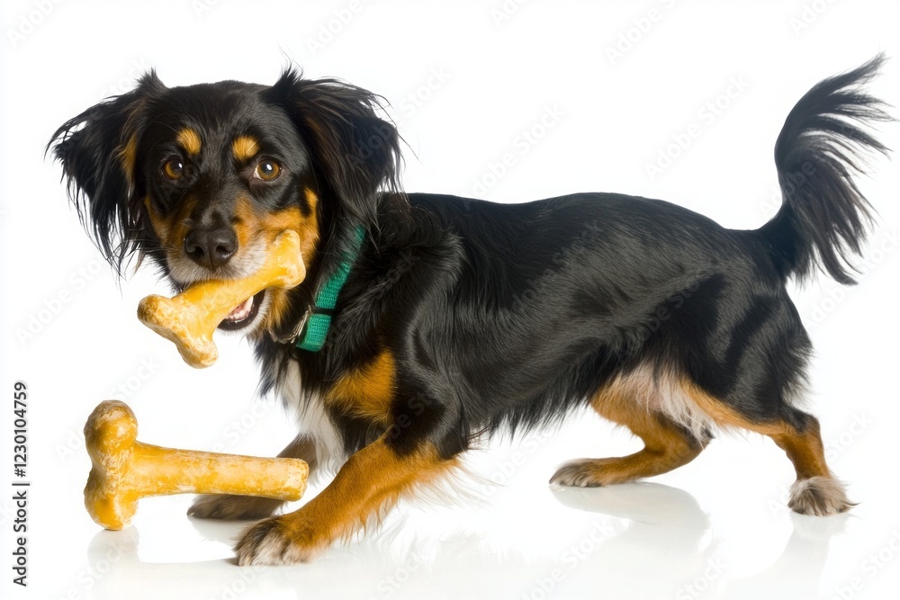 cheerful Entlebucher Mountain Dog is joyfully chewing on bone while surrounded spotless white background showcasing its playful nature and engaging personality. cheerful Entlebucher Mountain Dog is joyfully chewing on bone while surrounded spotless white background showcasing its playful nature and engaging personality.