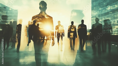 Double exposure image of many business people teamg group silhouette office background.