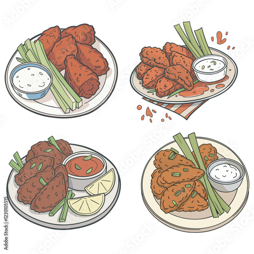 Hot and Spicey Buffalo Chicken Wings vector illustration, Drawn roasted chicken wings with celery stalks on a platter and sauce.