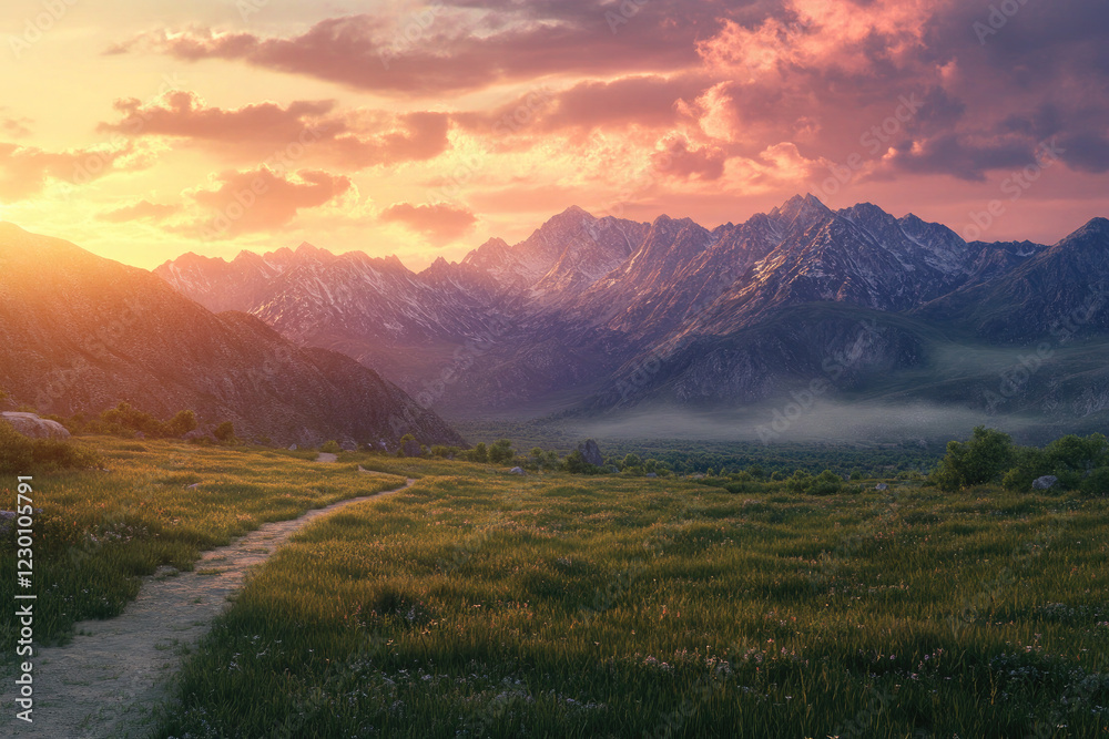 Fototapeta premium Scenic Road to Snow-Capped Mountains at Sunset - Vibrant Landscape