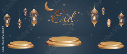 Eid Mubarak greeting design with crescent and star,fanari hanging on 3D podium on blue background Vector religion background