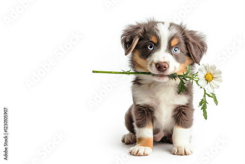 Cute puppy with a daisy. .Puppy with a floral gift. Copy space.