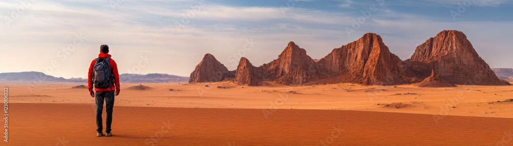 Naklejka premium traveler in red jacket stands on sand dunes, gazing at rocky mountains in desert landscape