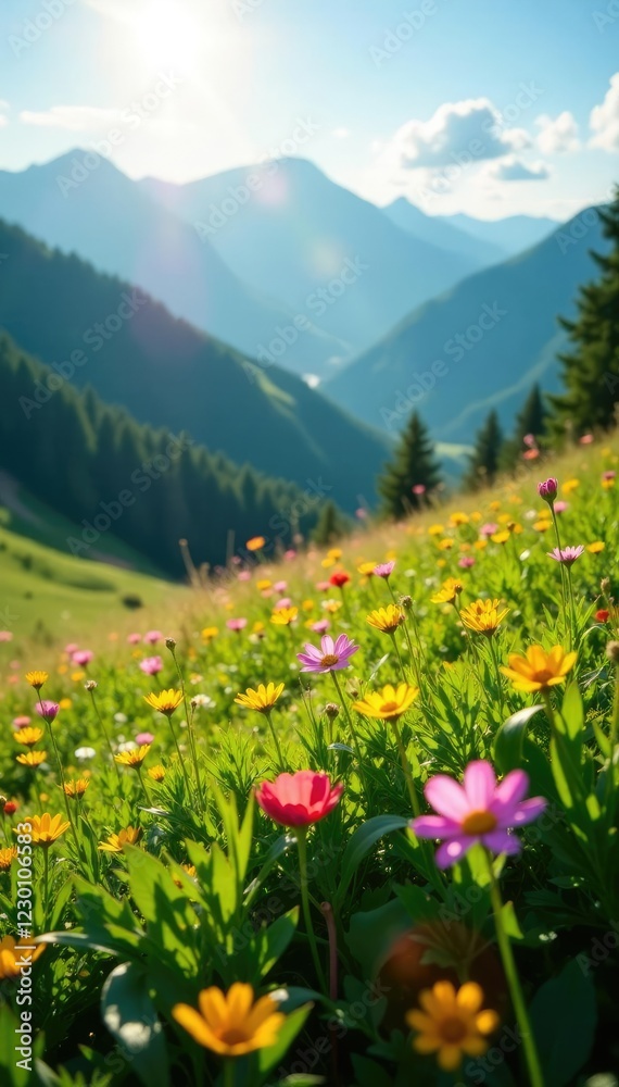 Fototapeta premium Sunlight warms the grass and flowers in a mountain meadow, ukrainian carpathians, flowers, meadow