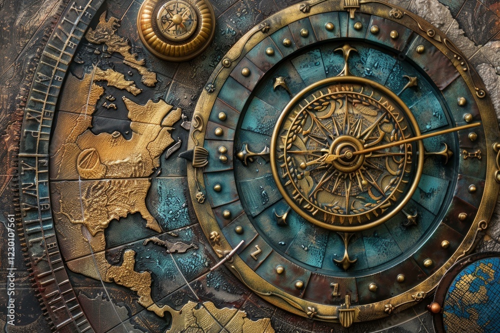 Fototapeta premium Ancient world map showing america with compass and celestial navigation elements is perfect for themes like history, exploration and discovery