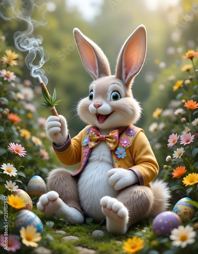 Happy easter bunny, rabbit smoking marijuana joint with cannabis leaf.