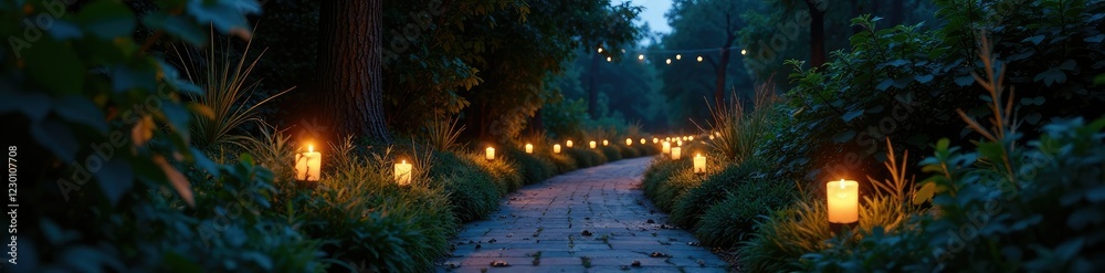 Fototapeta premium A candlelit garden path winds through overgrown vegetation, ambient, twilight, tranquility