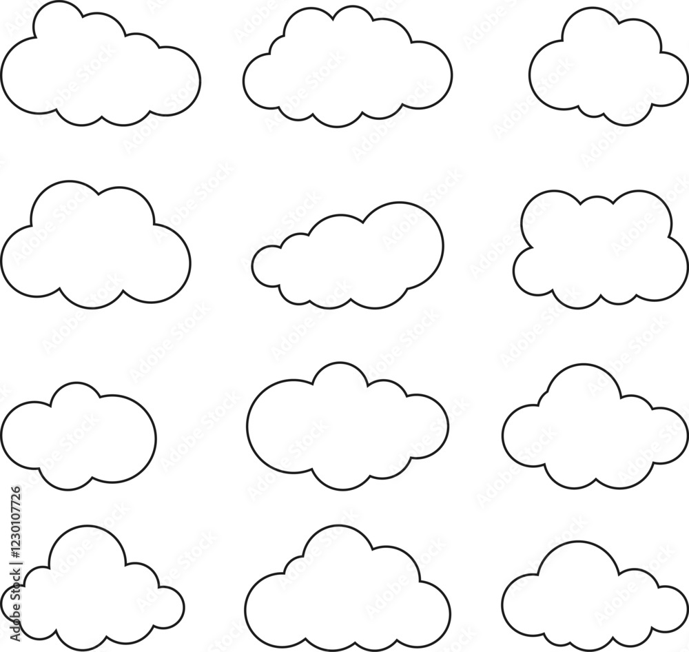 Cloud icon, set of white clouds with outline, set of various white clouds. Vector, cartoon illustration. Vector. Cloud icon, set of white clouds with outline, set of various white clouds. Vector, cartoon illustration. Vector.