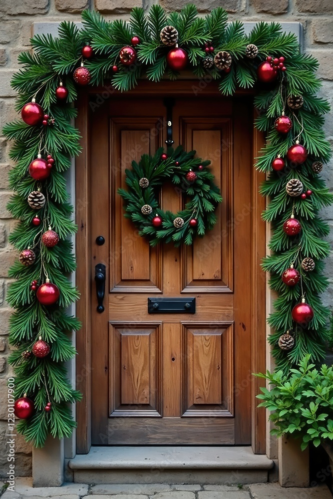 A charming wooden door adorned with a festive garland of pine branches, red ornaments, and pinecones, cozy atmosphere, natural element A charming wooden door adorned with a festive garland of pine branches, red ornaments, and pinecones, cozy atmosphere, natural element