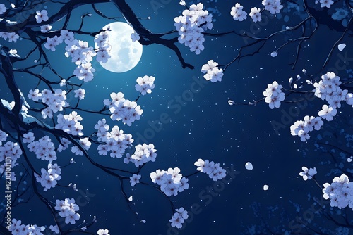 tranquil night scene with delicate white blossoms on dark branches, illuminated by a glowing full moon