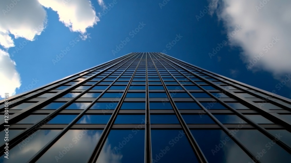 Reaching for the Sky: A dramatic low-angle shot captures a towering skyscraper piercing the blue sky, its glass facade reflecting the fluffy white clouds. Reaching for the Sky: A dramatic low-angle shot captures a towering skyscraper piercing the blue sky, its glass facade reflecting the fluffy white clouds.