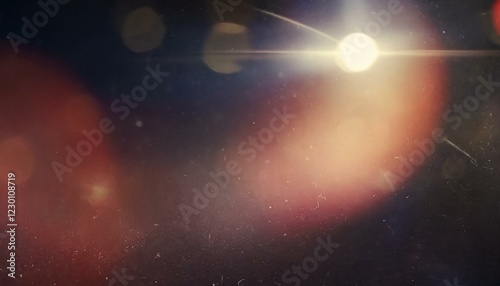 Vintage retro photo overlay with dramatic lens optical flares, glowing glare effects, and subtle grunge textures, realistic scratches and dust particles, film noise and grain, bold red tint, abstract 