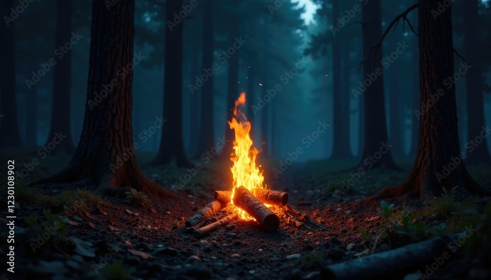 A lone fire crackles in the darkness of the forest, darkness, shadows A lone fire crackles in the darkness of the forest, darkness, shadows