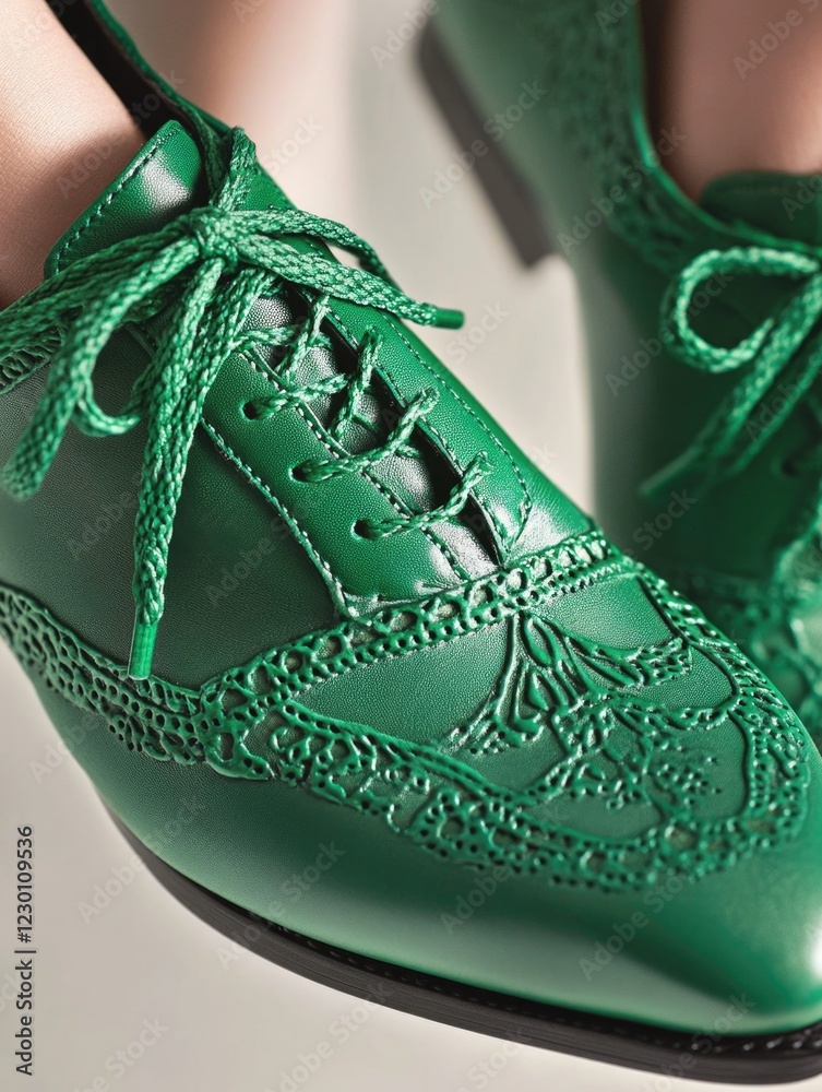 Obraz premium A pair of green, lace-up women's dress shoes with a vintage style and high heels. Perfect for evening wear or formal events.