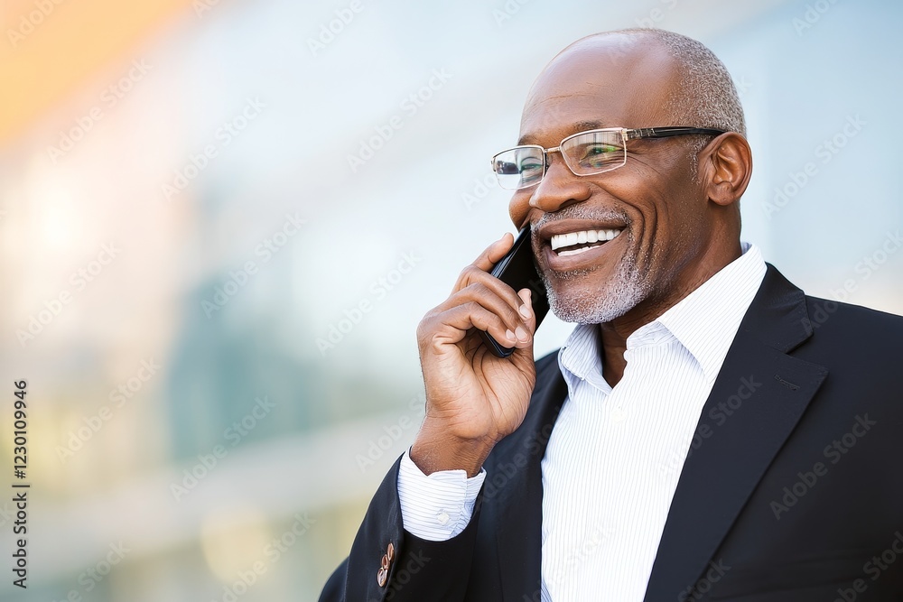 A smiling businessperson sits outdoors, using a mobile phone A smiling businessperson sits outdoors, using a mobile phone