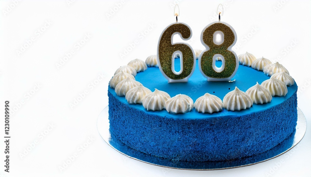 Decorated blue cake for birthday or anniversary party, candle number 68, white background Decorated blue cake for birthday or anniversary party, candle number 68, white background