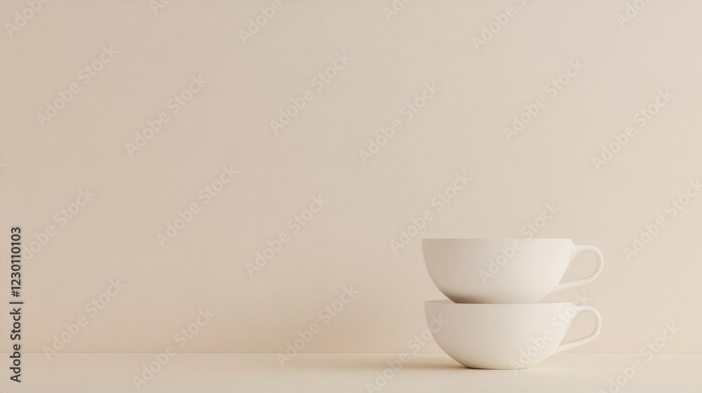 Stacked mugs, beige background, minimalist scene, product display Stacked mugs, beige background, minimalist scene, product display