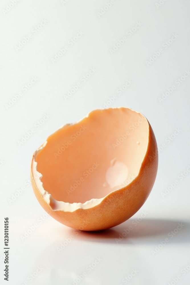 a single eggshell fragment lies flat against a bright white background, inner, glassy a single eggshell fragment lies flat against a bright white background, inner, glassy