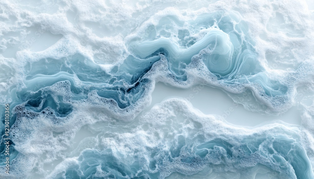 Naklejka premium Abstract blue and white foamy texture resembling water or ice formations.