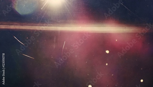 Vintage retro photo overlay with dramatic lens optical flares, glowing glare effects, and subtle grunge textures, realistic scratches and dust particles, film noise and grain, bold red tint, abstract 
