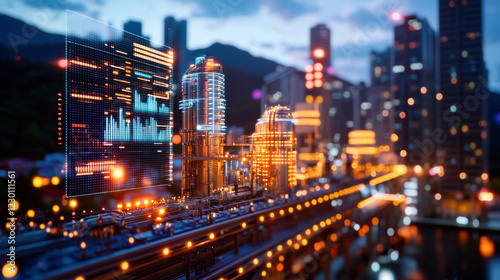 vibrant cityscape featuring illuminated buildings and digital data overlays, showcasing blend of technology and urban life. scene captures essence of modernity and innovation