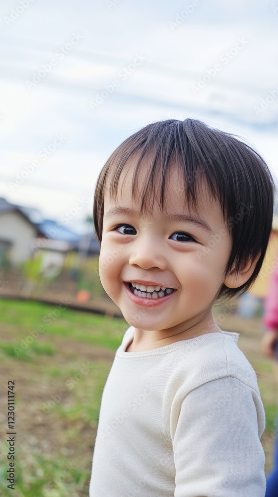 Joyful child enjoying a sunny day outdoors in a grassy area with buildings in the background while smiling brightly Joyful child enjoying a sunny day outdoors in a grassy area with buildings in the background while smiling brightly