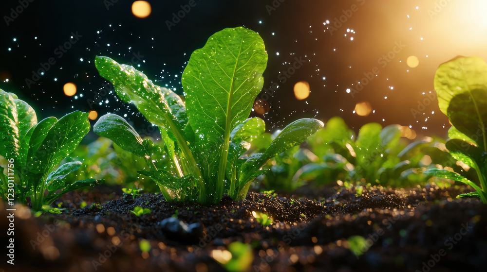 Lush green lettuce plants growing in rich soil, illuminated by soft light, with droplets of water sparkling in air, creating vibrant and refreshing atmosphere Lush green lettuce plants growing in rich soil, illuminated by soft light, with droplets of water sparkling in air, creating vibrant and refreshing atmosphere