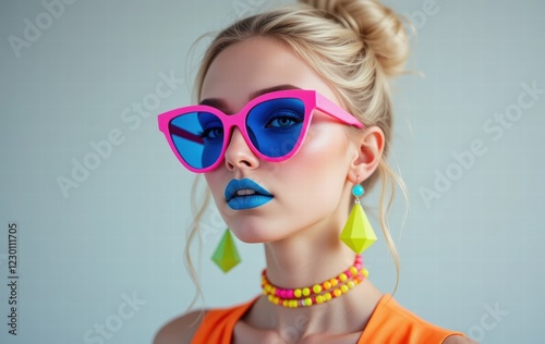 Portrait of a woman with colorful makeup, sunglasses, and a glamorous carnival look photo