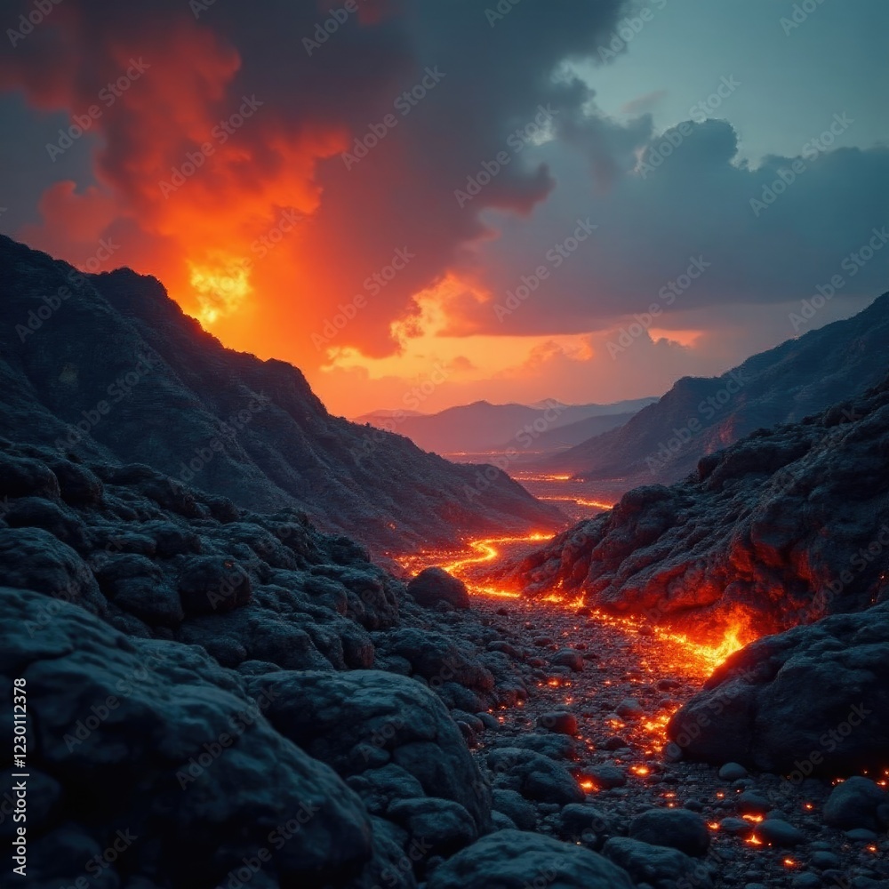 Obraz premium Fiery orange blaze consumes rocky terrain in the distance, fiery, Blaze, burning