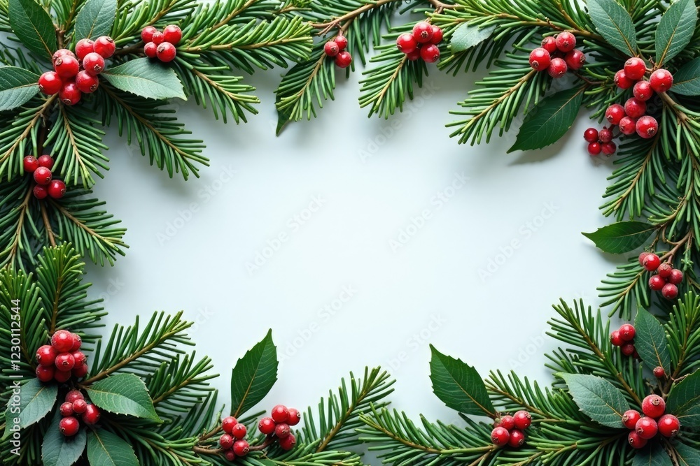 Fir branches intertwined with evergreen holly and mistletoe, frosty, mistletoe, Christmas borders Fir branches intertwined with evergreen holly and mistletoe, frosty, mistletoe, Christmas borders