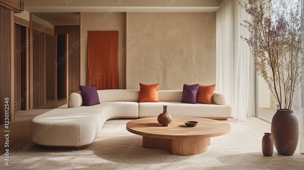 Fototapeta premium A modern living room with a white couch and round coffee table.