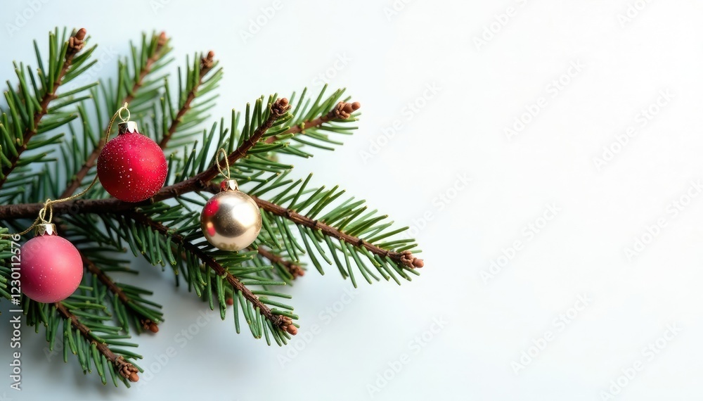 Firs branch with colorful balls on white background, winter wonderland, Christmas tree branch, Christmas decorations Firs branch with colorful balls on white background, winter wonderland, Christmas tree branch, Christmas decorations